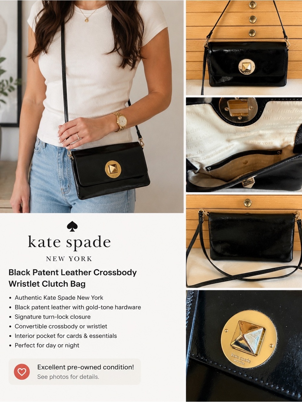 Kate Spade Black Patent Leather Crossbody Clutch Evening Bag